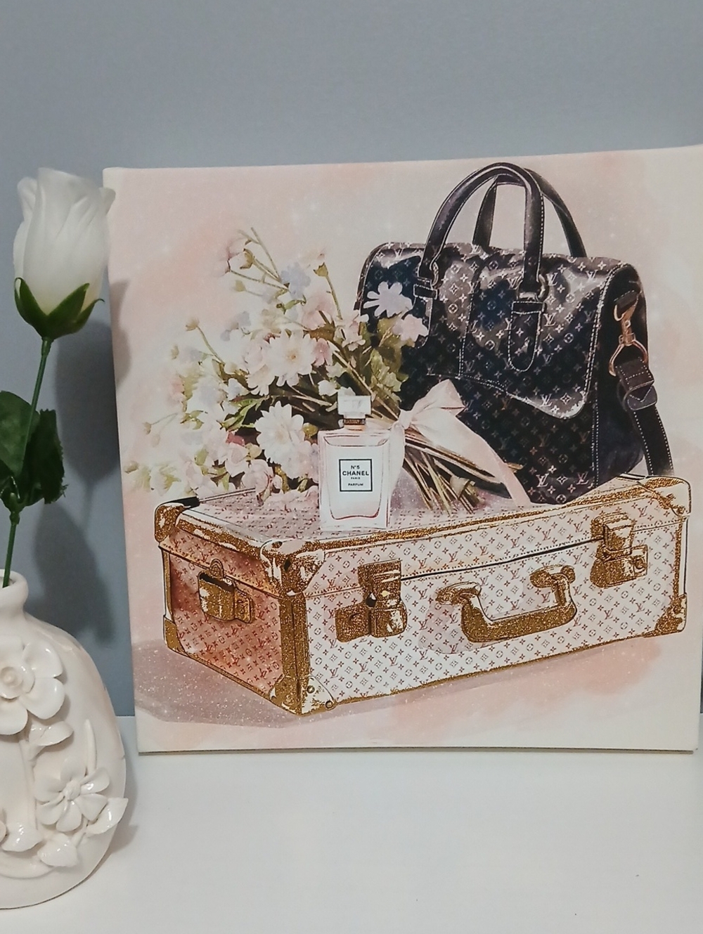 Luxury Floral Travel Art Print in Pink and Gold Chanel / LV Themed NWT